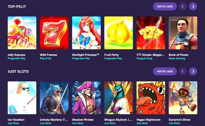 Pelifantti Casinon pelivalikoima, kategoriat Top-pelit ja Just Slots pelintarjoajineen