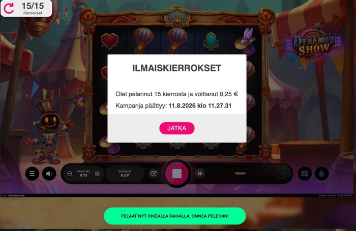 Pelifantti Casinon ilmaiskierrosten voitot Dynamos Show -pelissä.
