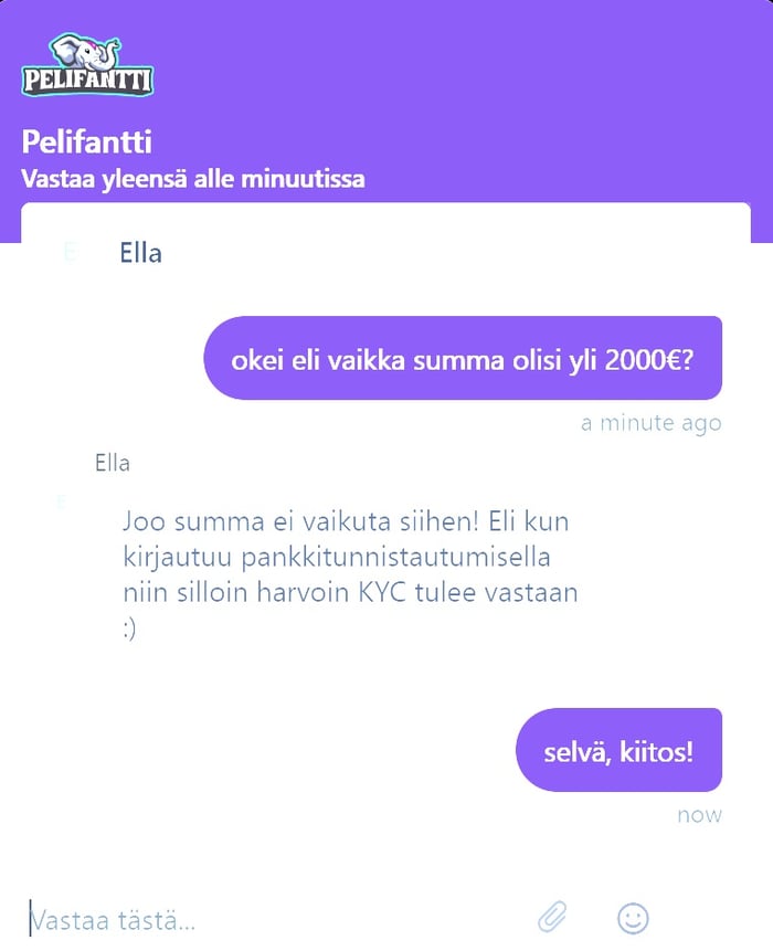 Chat-vastaus, jossa kerrotaan ettei kotiutuksen summa vaikuta KYC-tarkistukseen Pelifantilla