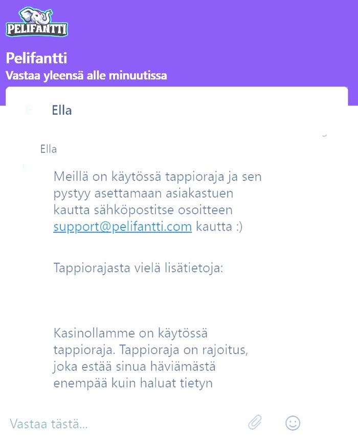 Pelifantin chat kertoo, että tappioraja asetetaan sähköpostitse osoitteen support@pelifantti.com kautta