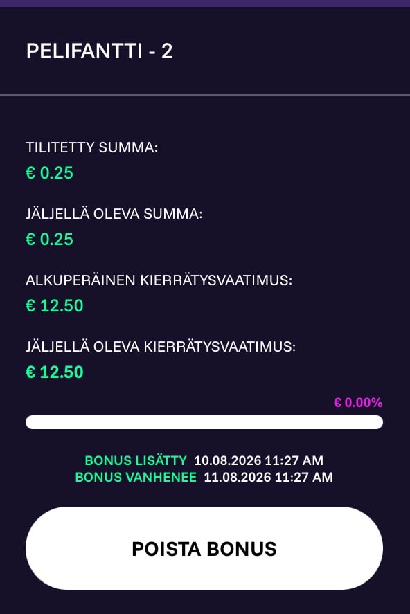 Pelifantti Casinon näkymä, jossa näkyy ilmaiskierroksilla saatujen voittojen kierrätysvaatimus.