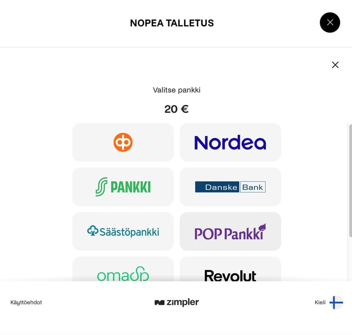 Zimplerin pankinvalinta Pelifantilla: OP, Nordea, S-Pankki, Danske Bank, Säästöpankki, POP Pankki, Oma SP ja Revolut.