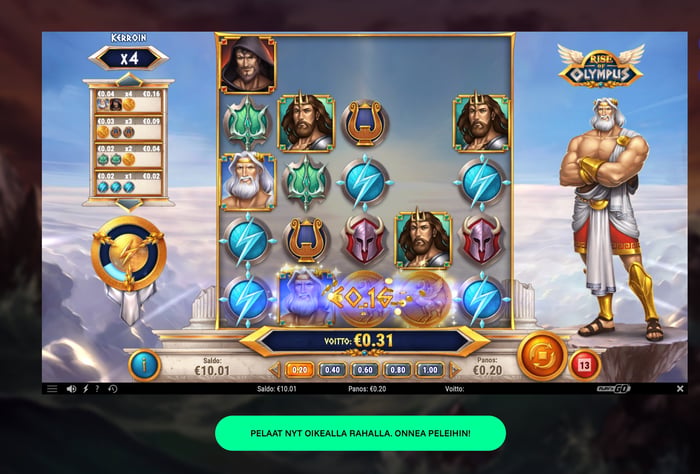 Rise of Olympus -peli Pelifantilla, x4-kerroin ja 0,31 euron voitto Play'n GO:n slotissa