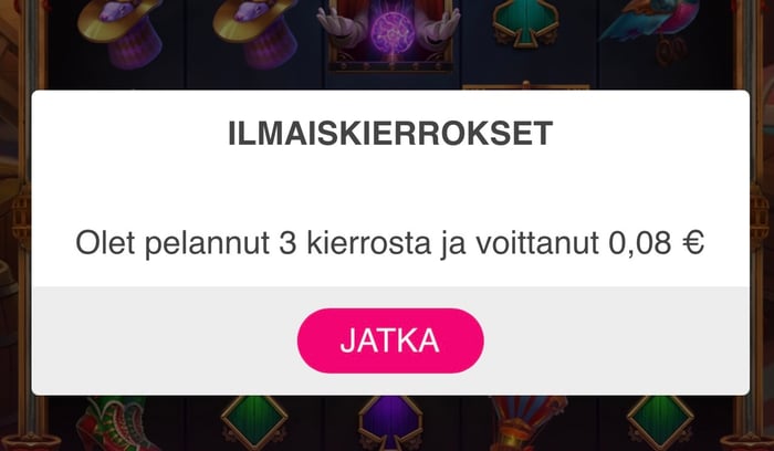 Ponnahdusikkuna, joka kertoo kolmen ilmaiskierroksen aikana saadut voitot.