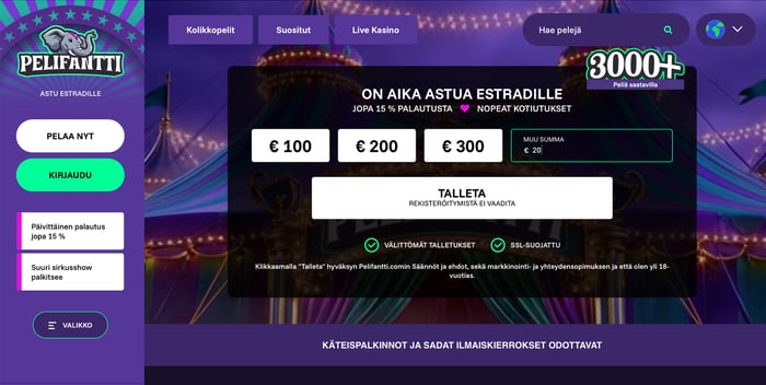 Pelifantti Casinon etusivu ja talletusikkuna, jossa lupaus