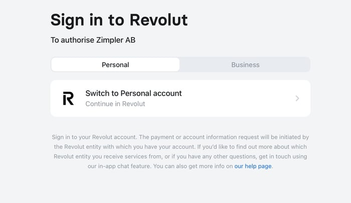 Revolut-kirjautuminen, jossa valtuutetaan Zimpler AB Pelifantin talletusta varten.