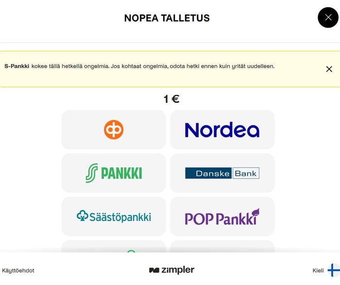 Pelifantin Zimpler-talletusikkuna, jossa minimitalletus 1 € ja suomalaisten pankkien valikoima