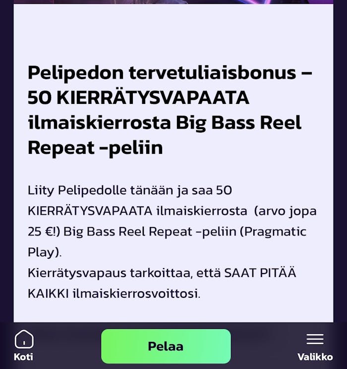 Pelipeto tervetulobonus sisältää 50 kierrätysvapaata ilmaiskierrosta