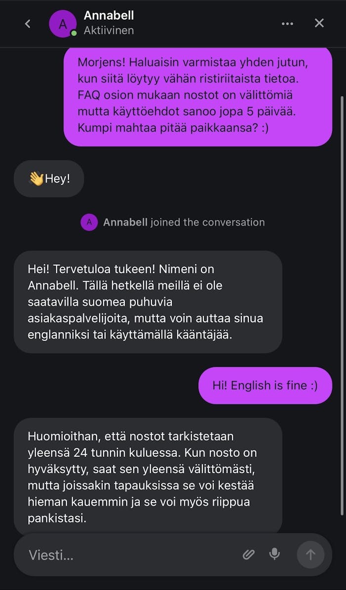 Pelipeto asiakaspalvelussa vastaa Annabell