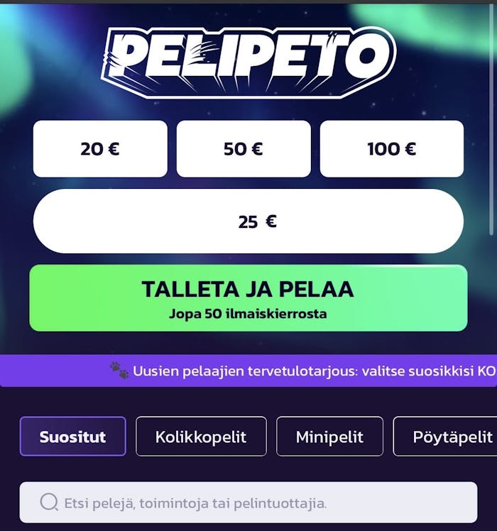 Voit tehdä talletuksen Pelipedolla heti sivulle saavuttuasi