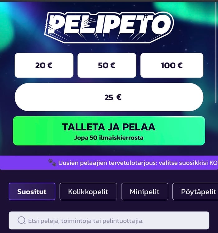 Voit tehdä talletuksen Pelipedolla heti sivulle saavuttuasi