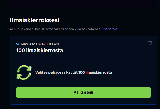 Pike Casinon tervetuliaisbonuksen ilmaiskierrokset aktivoitavana.