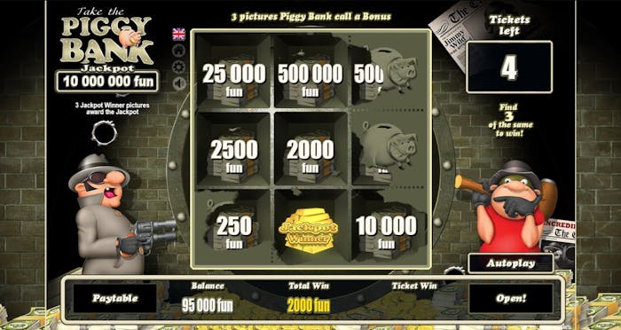 Mieshahmoja ja possuja sisältävä Piggy Bank Scratch -arpa, jossa 3 jackpot-voittoa antaa jättipotin