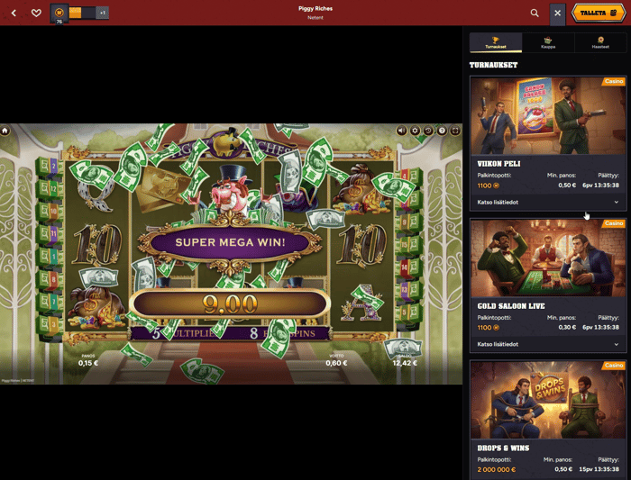 Wintino Casinon Piggy Riches -peli toimi hyvin työpöytäversiossa ja mobiilissa.