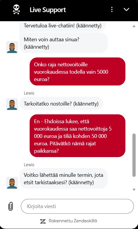 Piratepots asiakaspalvelun vastaus kotiutusehtoihin.
