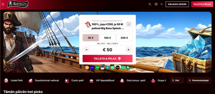 Piratepots kasinon etusivu ja talletuslomake.