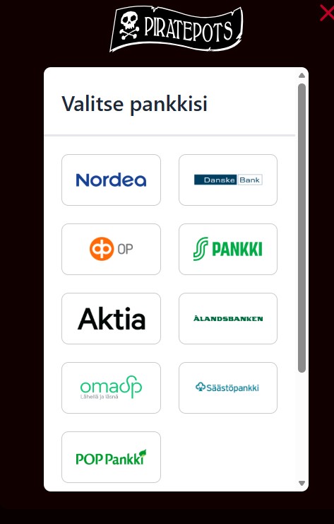 Pankkivaihtoehdot Trumo talletusta tehdess´Piratepots Casinolla.