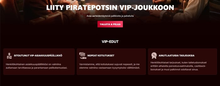 Piratepots kasinon VIP-ohjelma.