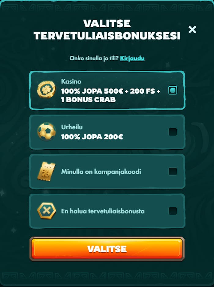 Playio Casinolla voit lunastaa joko kasino- tai vedonlyöntipuolelle sopivan tervetulotarjouksen.