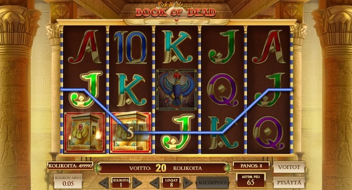Play’n GO:n Book of Dead -kolikkopeli käynnissä, ruudulla egyptiläisiä symboleja ja voittolinja, jossa panos ja voitto näkyvät alaosassa.