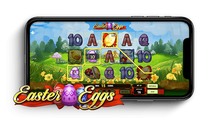 Easter Eggs kolikkopelin ruudukko ja logo puhelimen näytöllä.