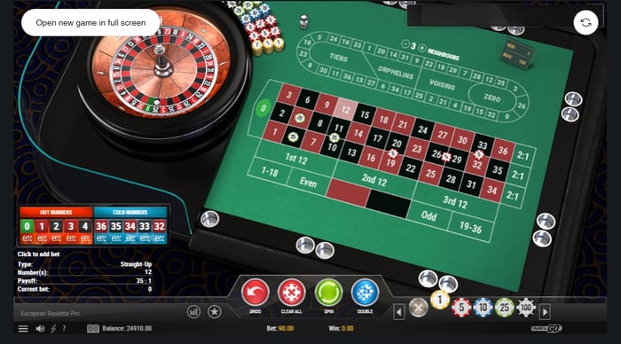European Roulette Pro -pöytäpeli käynnissä, ruudulla näkyvät pyörivä rulettipyörä, vihreä panostuspöytä ja eri kokoisia pelimerkkejä ruudun alareunassa.