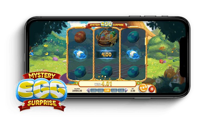 Mystery Egg Surprise kolikkopelin ruudukko ja logo puhelimen näytöllä.