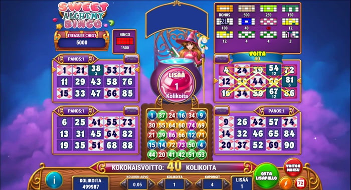 Sweet Alchemy Bingo -peli käynnissä, ruudulla neljä bingo­kuponkia, numeroita pudottava keskustaulukko sekä taustalla noita hahmoineen ja värikkäine bonuskuvioineen.