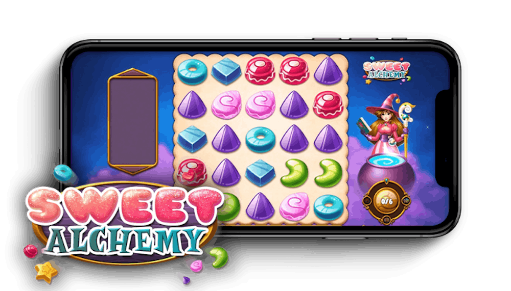 Sweet Alchemy slotin logo ja peliruudukko puhelimen näytöllä.