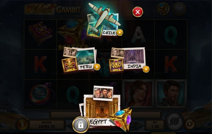 Play’n GO:n Wildest Gambit -kolikkopelin bonusruutu, jossa pelaaja valitsee matkakohteeksi Chilen, Perun, Intian tai lukitun Egyptin seikkailun.