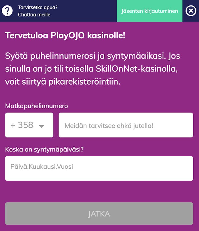 Playojo Casinon rekisteröitymislomake