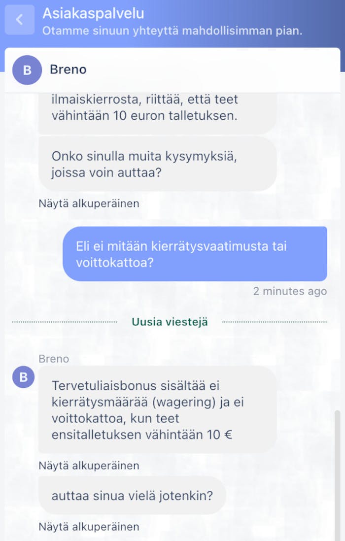 Playojon live-chatissa saa palvelua suomeksi käännöksellä