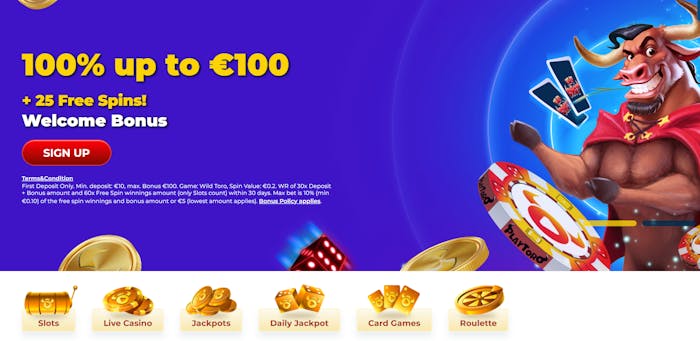 PlayToro tarjoaa tervetulobonuksen, joka sisältää 100% jopa 100 € bonusrahaa ja 25 ilmaiskierrosta Wild Toro -peliin.