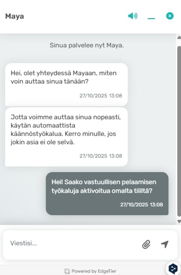 Playzee Casino livechat kysymys vastuullisen pelaamisen työkalujen aktivoimisesta.