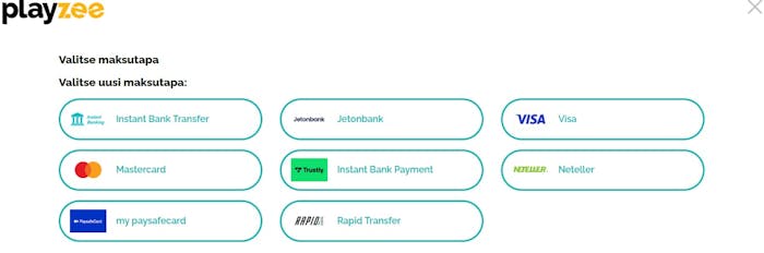 Playzee Casino talletus voi tapahtua Mastercardilla, Trustlylla, Visalla, Netellerilla tai Rapid Transferilla.