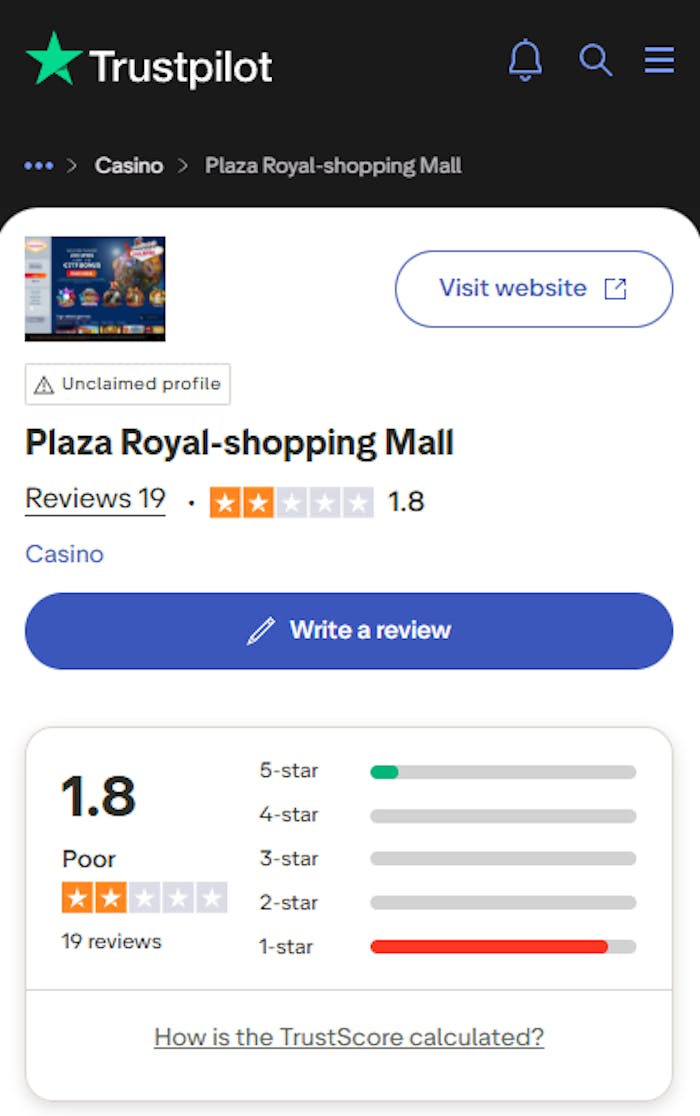 Plazaroyal casinon trustpilot-arvostelun kiteytys.