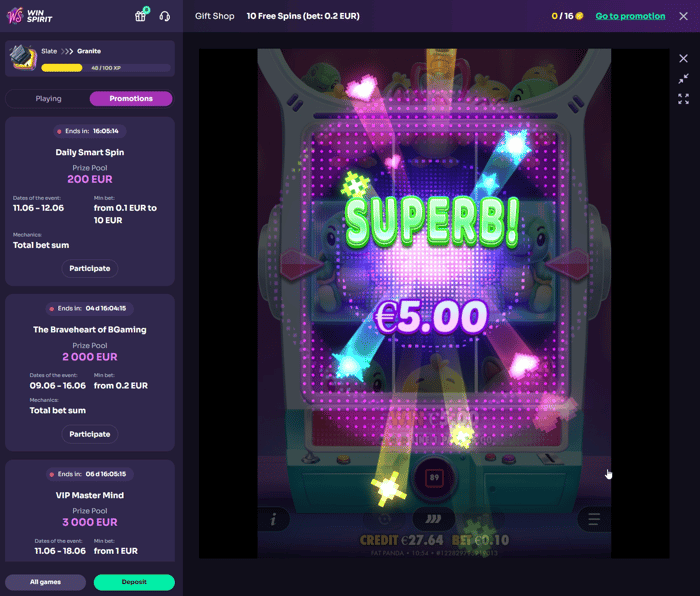 WinSpirit Casino Plushie Wins -kolikkopeli, jossa näkyy 5,00 € voitto ja 