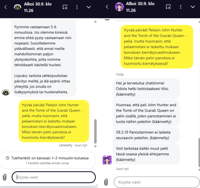Kuvakaappauksia keskustelusta Free Spinzan asiakastuen kanssa,