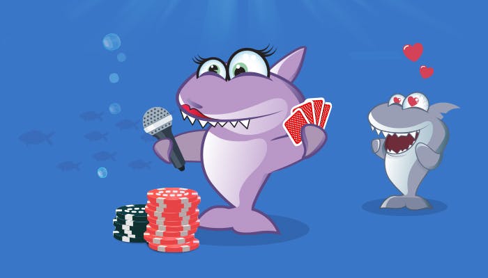Pokerihai esittelee itsensä ja Kasinohai katsoo taustalla ihastuneena.