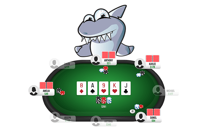 Nettipokeripöytä, jossa on useita pelaajia, yhteiset kortit ja Kasinohai pöydän yläpuolella