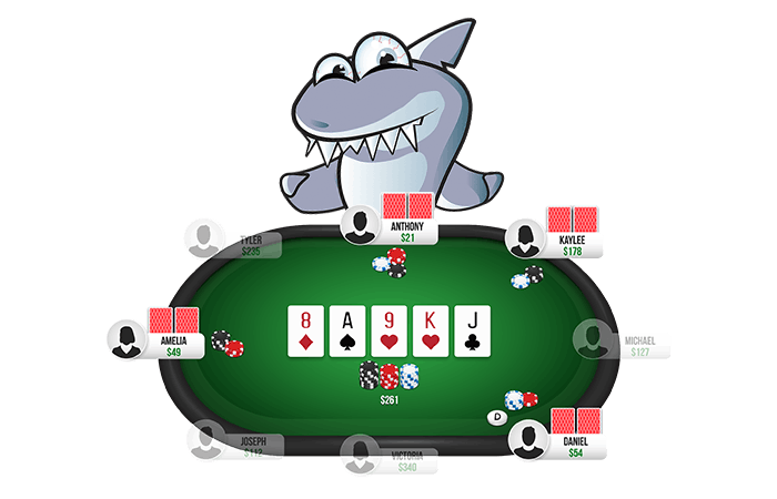 Nettipokeripöytä, jossa on useita pelaajia, yhteiset kortit ja Kasinohai pöydän yläpuolella