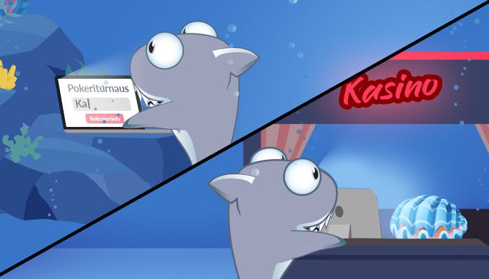 Kasinohai ilmoittautuu turnauksiin. Toisessa kuvassa Kasinohai täyttää netissä ilmoittautumislomaketta, toisessa kuvassa ilmoittautuu tiskillä.