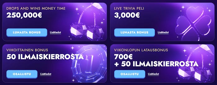 Polestar Casino tarjoaa useita bonuksia, kuten Drops & Wins ja viikoittaiset 50 ilmaiskierrosta.