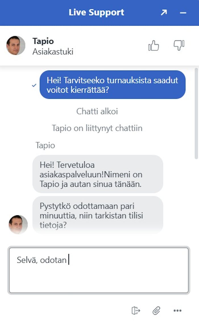 Polestar Casino live chat keskustelu Tapion kanssa turnausten voittojen kierrätyksestä.