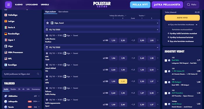 Polestar Casinolla on kattava vedonlyönti-osio, jossa lyöt vetoa esimerkiksi suomalaisesta Liigasta.
