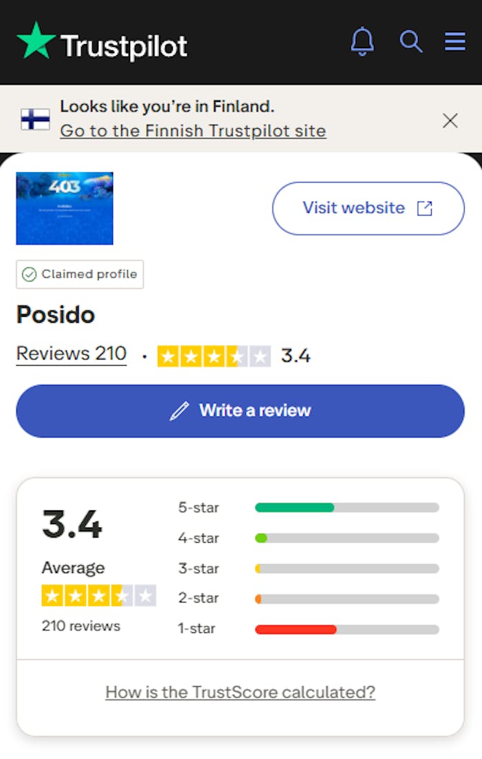 Posido kasinon yhteenveto Trustpilot-arvosteluista.