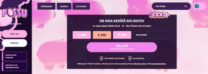 Kuvakaappaus Possu-kasinon etusivusta, jossa näkyy vaaleanpunainen teema sekä ensitalletusbonus.