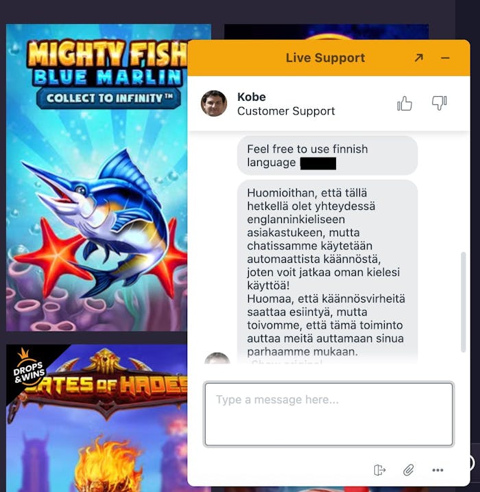 PowBet live-chat on nopea, mutta englanninkielinen