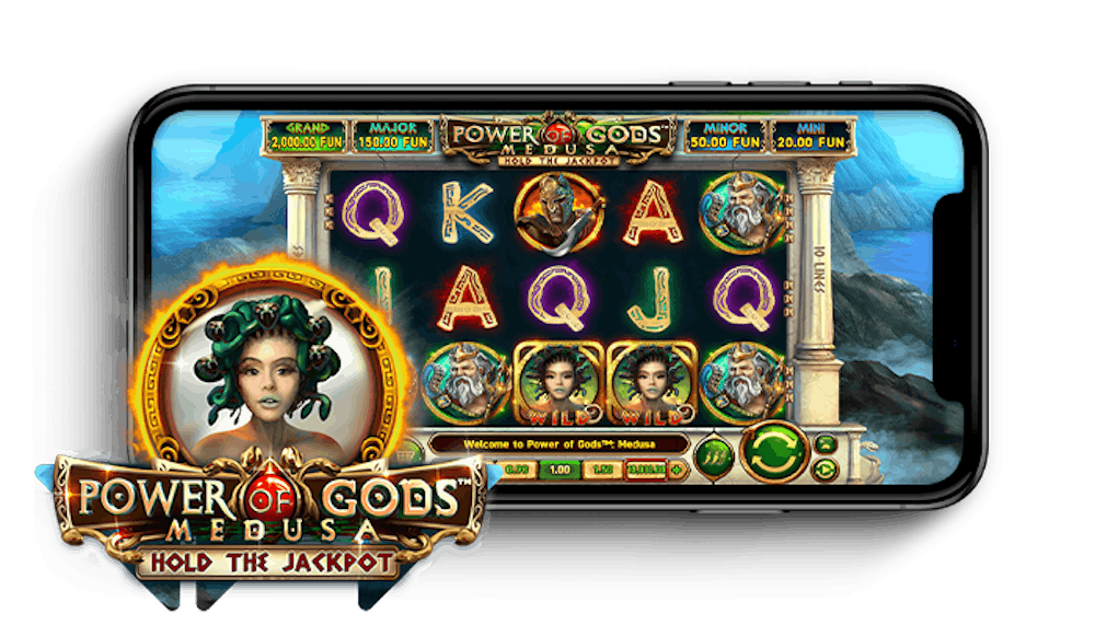 Power of Gods Medusa kolikkopelin pelialue ja logo