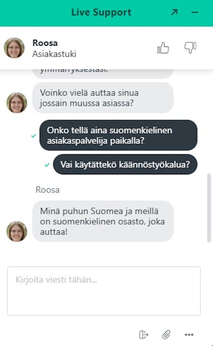 Power Upin asiakaspalvelussa Roosa vastasi suomeksi.